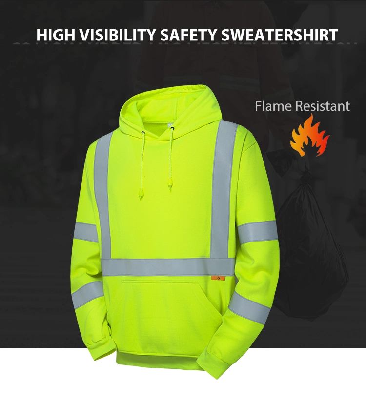 Hi Vis Work Shirt Mens Wholesale Safety ANSI Class 3 Sweatshirt Tape Custom Draw Cords Fr Reflective Hoodie
